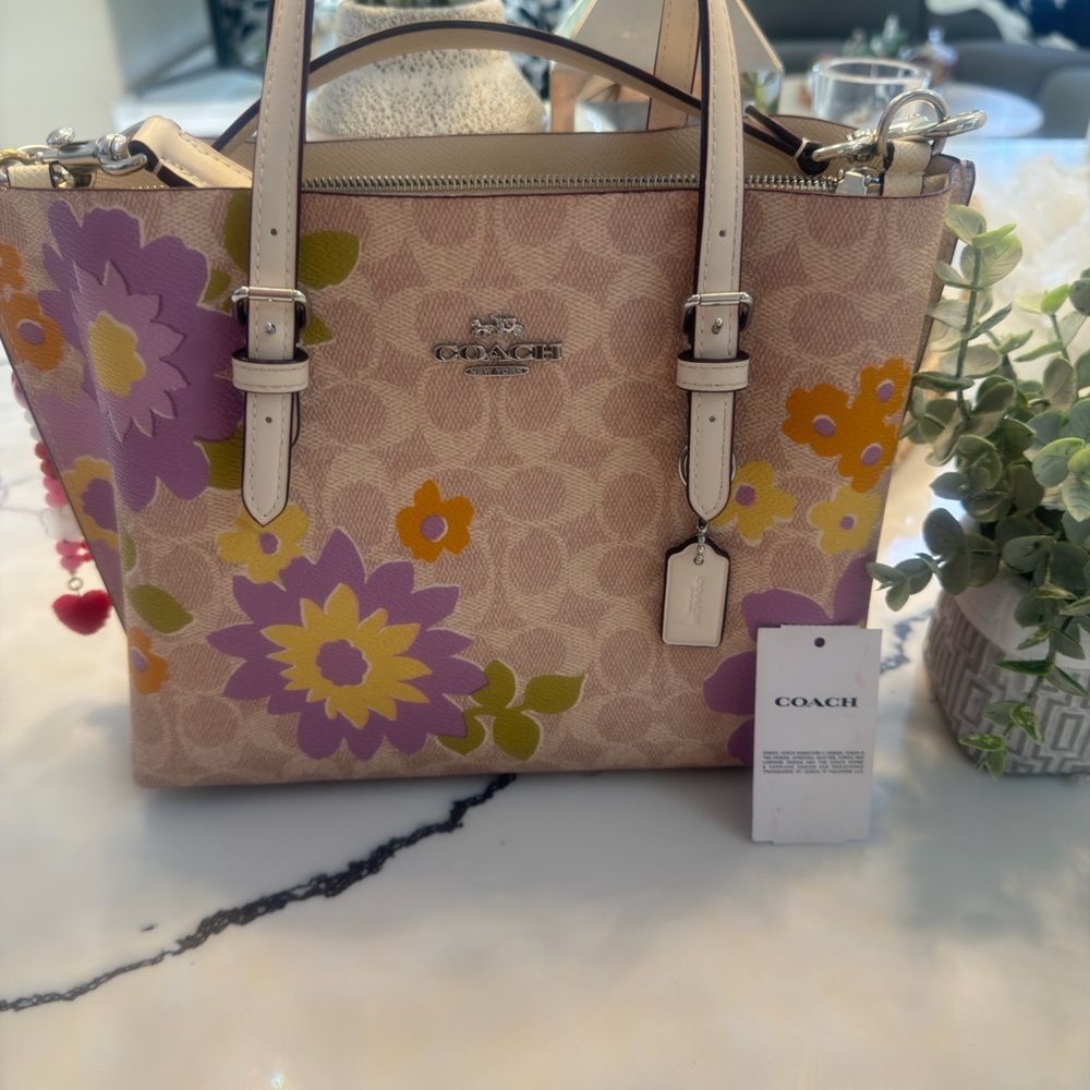 Coach Beige Tote with Purple and Yellow Floral Design - Picture 7 of 14